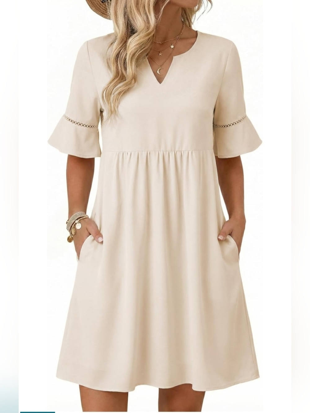 Beige V Neck Ruffle Sleeve Mini Dress NWT Size 12/14 Pockets